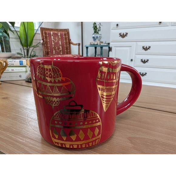 STARBUCKS 2015 Red Christmas Holiday Coffee Mug Cup Gold Ornaments - Picture 2 of 5